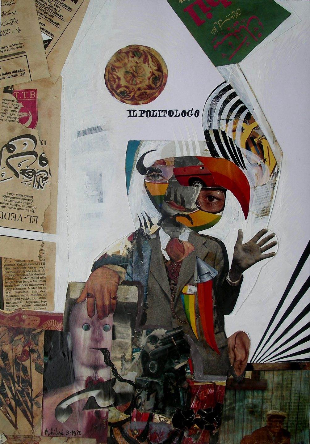 Sergio Michilini, IL POLITOLOGO, 1980, collage, cm.49x34