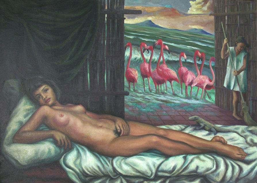 Sergio Michilini, estudio para “LA VENUS NICARAGUENSE con la isla de Ometepe", 1996, oleo sobre tela, cm.50x70