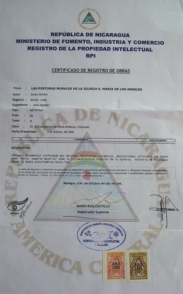 2006 Certificato di Registrazione opere del Riguero