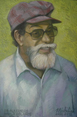 Michilini, EL DR. ALEJANDRO DAVILA BOLAÑOS CON FONDO AMARILLO, 2012, oleo sobre tela, cm.50×34