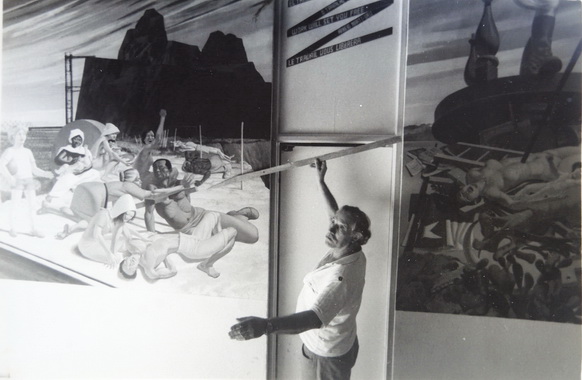 1987, el maestro Aurelio C. pintando el mural del CEMOAR en Managua, Nicaragua