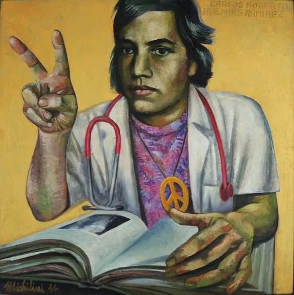 Sergio Michilini, RETRATO DE CARLOS ROBERTO HUEMBES RAMIREZ CON FONDO DORADO, 2014, óleo sobre tela, cm.70×70