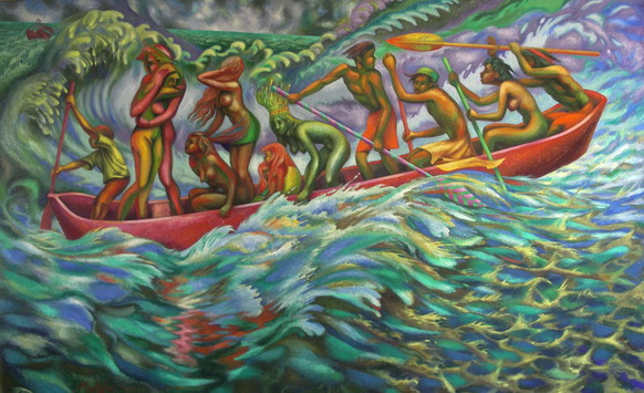 Sergio Michilini, LA CANOA DEI DODICI CON LA REGINA DI MAMANGUA', 1998, oleo sobre tela, cm.100x160