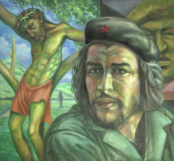 3 -  Sergio Michilini,CHE GUEVARA-CRISTO CROCIFISSO-CHAVEZ E SANDINO, 2013, olio su tela, cm.74×80