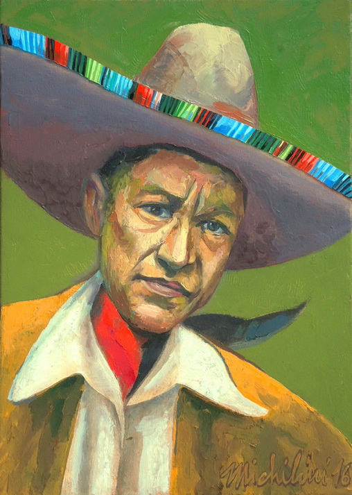 Sergio Michilini, SANDINO CON SOMBRERO MEXICANO, 2016, óleo sobre tela, cm42x30