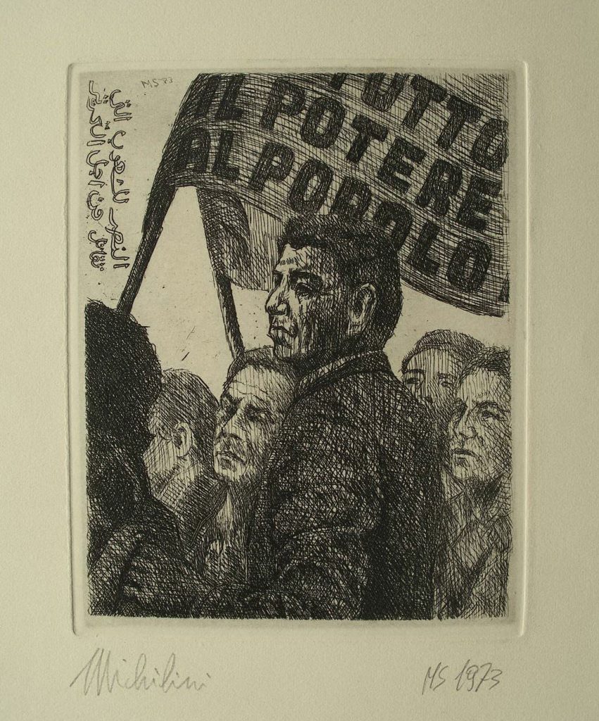 Sergio Michilini, TUTTO IL POTERE AL POPOLO, 1973, acquaforte (esame AABB), cm.16x12
