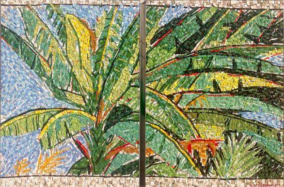 Giancarlo Splendiani, BANANO, 2017, dittico, mosaico in paste vitree marmi e sassi, insieme cm.100x150
