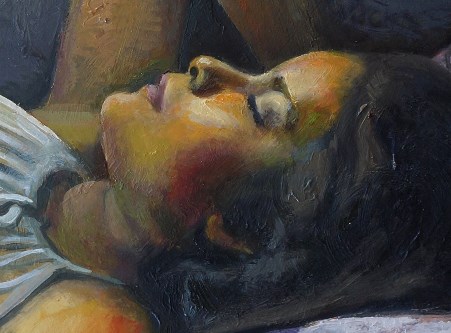 Sergio Michilini, VALESKA EN EL SOFÁ DE MIMBRE, 2017, óleo sobre tela, cm.82x107 DETALLE