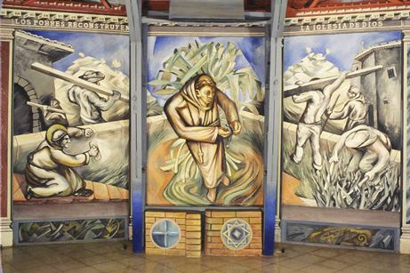 Sergio Michilini 1982-85, SAN FRANCISCO, tríptico mural en la Iglesia Santa maria de los Angeles, Barrio Riguero, Managua, Nicaragua, Patrimonio Cultural Nacional