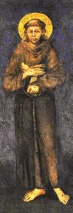 Cimabue, detalle de LA VIRGEN EN MAJESTAD Y SAN FRANCISCO , 1285-1288, fresco en la Basílica inferior de Asís 