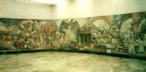 "La Universidad en el umbral del siglo XXI", insieme e particolari, pittura murale, tecnica mista, 55 mq, stazione "Università" della metropolitana di Città del Messico, 1989.