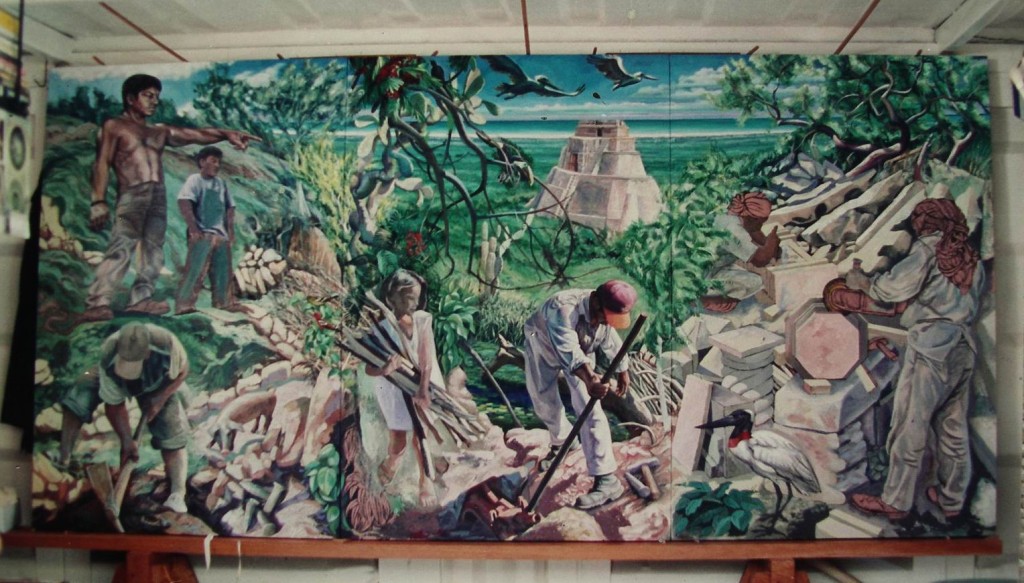 Fase intermadia della realizzazione pittorica del trittico "PIETRA E VITA IN YUCATAN"