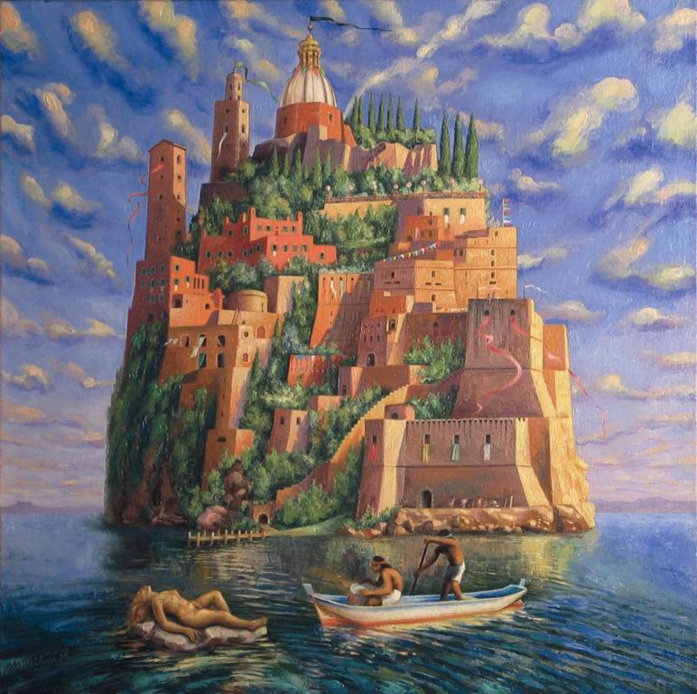 Sergio Michilini, L’ISOLA DEI VIVI, 1995, olio su tela, cm.60×60