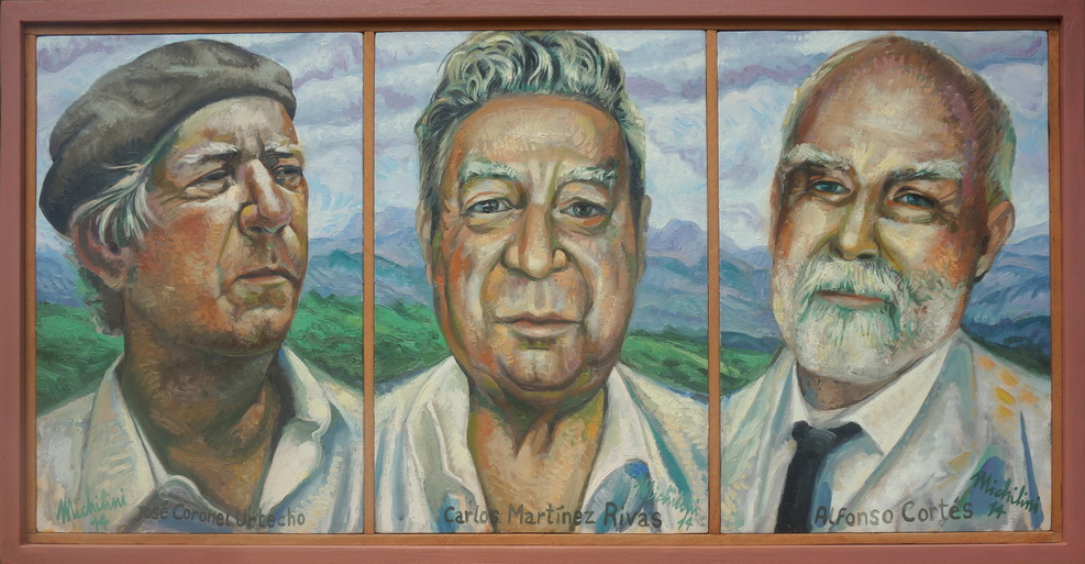 Sergio Michilini, LOS POETAS URTECHO, RIVAS Y CORTES, 2014, tríptico, óleo sobre tela, cm.60x120